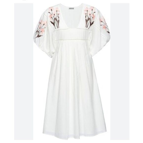 St Roche Lake Gauze Midi dress Ivory and Pink Embroidered w/Pockets Sz M NWT - Picture 2 of 16
